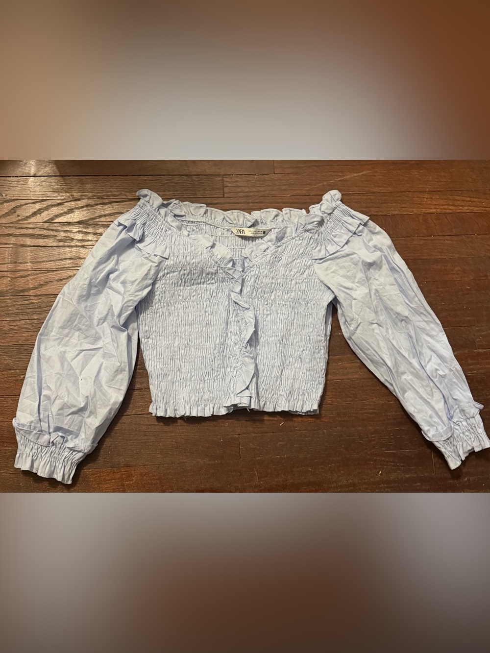 ZARA Light Blue Smocked Off-Shoulder Top with Ruffle Trim